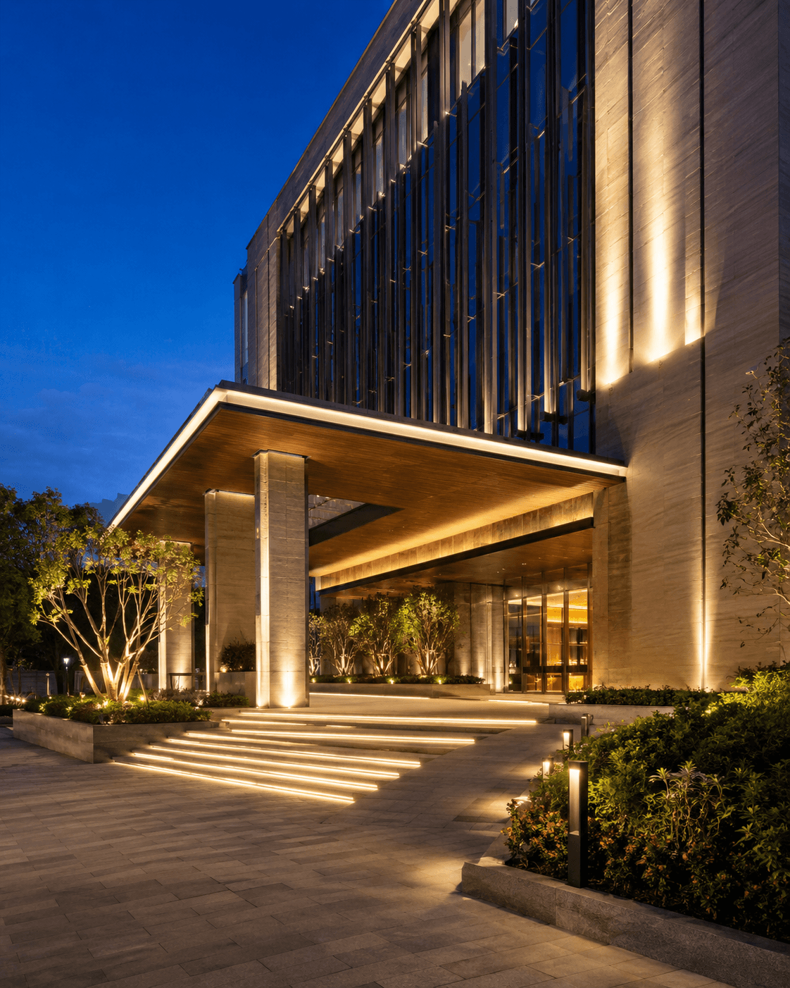 Blue-hour architectural LED entrance