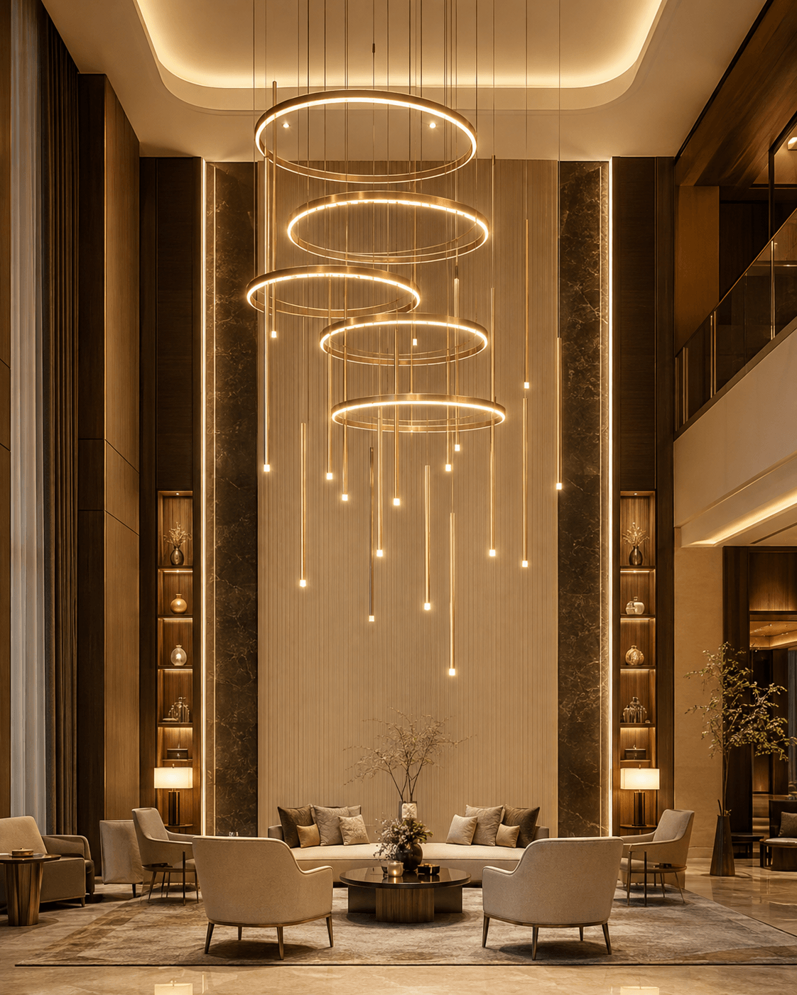 Sculptural LED chandelier in luxury lounge